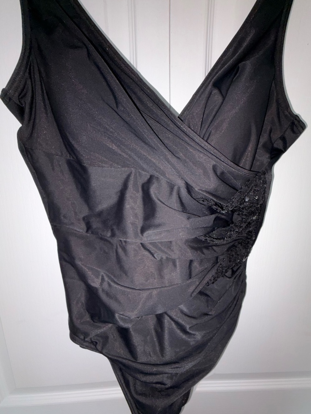 Miracle Suit Black V-Neck Ruched Sequin Embellished One Piece Swimsuit- Sz-16